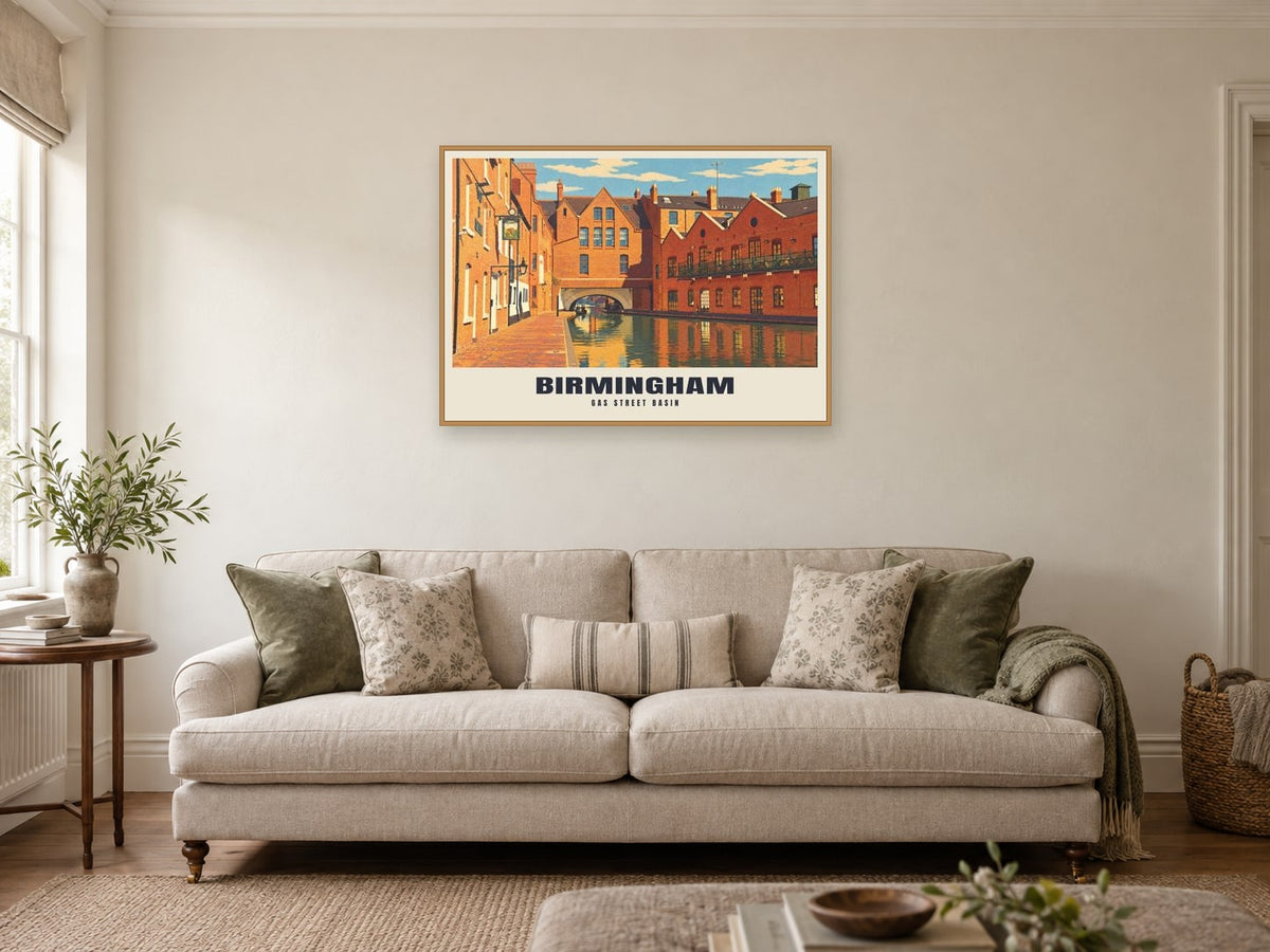 Gas Street Basin, Birmingham Poster at A1, in a natural wood frame, in a sitting room