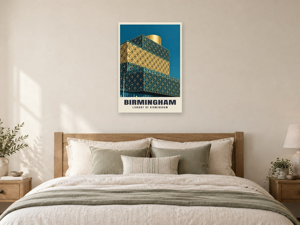 Library of Birmingham Poster at A1, as a poster, above a bed