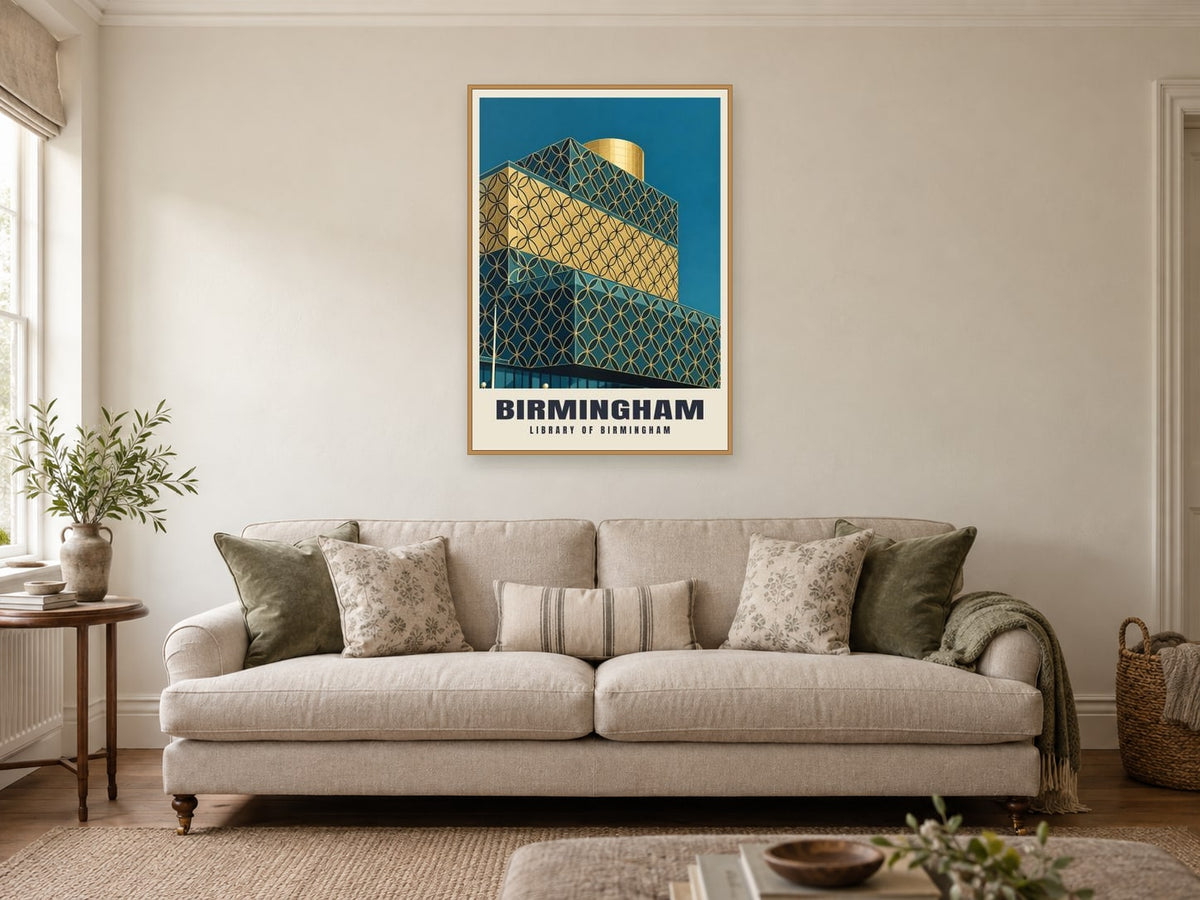 Library of Birmingham Poster at A1, in a natural wood frame, in a sitting room