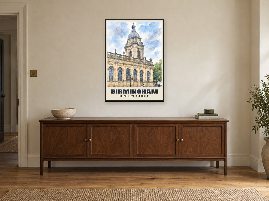 St Philip's Cathedral, Birmingham Poster at A1, in a black frame, above a sideboard