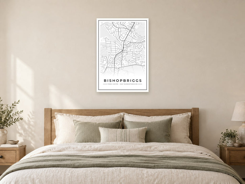 Bishopbriggs Town Centre Street Map Poster at A1, as a poster, above a bed