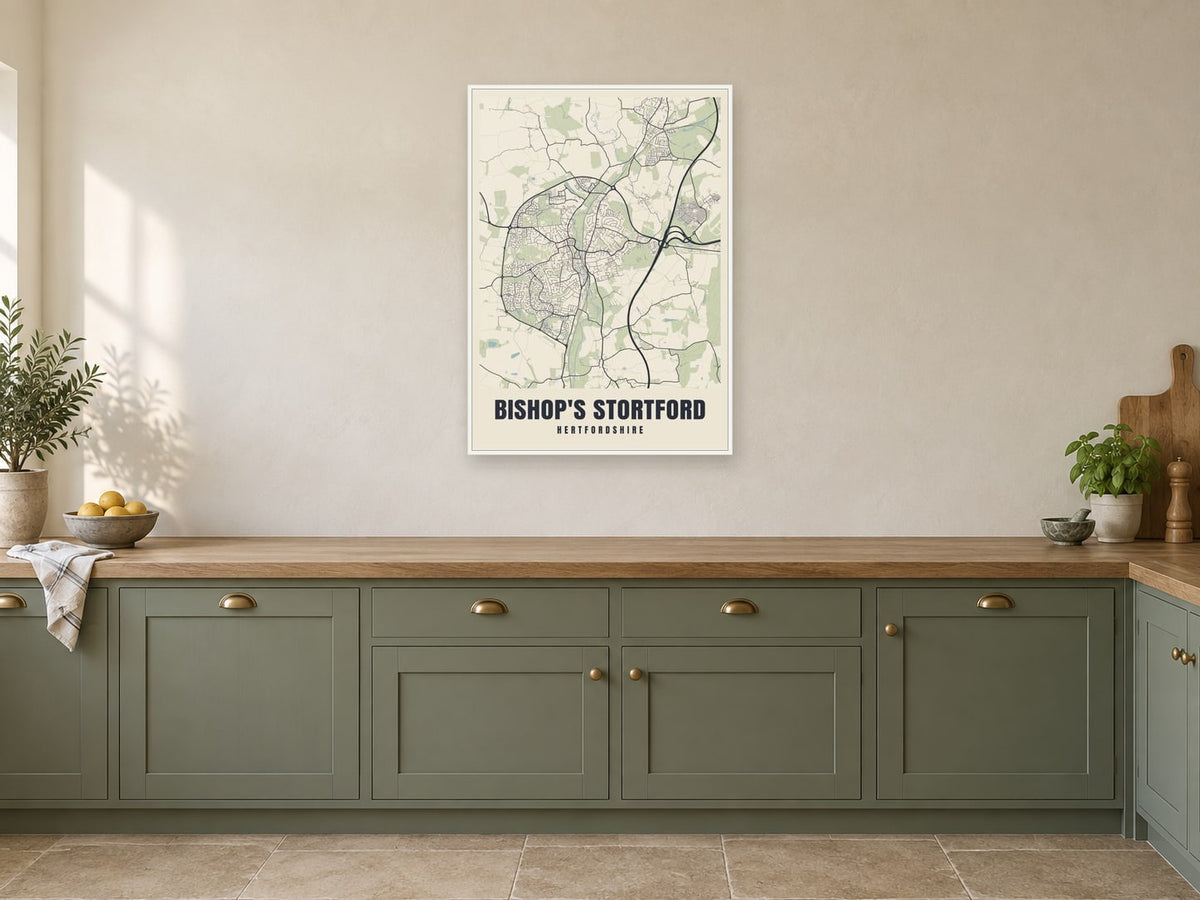 Bishop's Stortford Street Map Poster at A1, in a white frame, in a kitchen