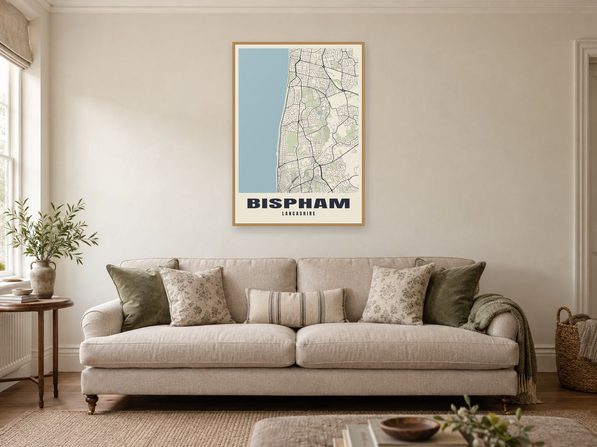 Bispham Street Map Poster at A1, in a natural wood frame, in a sitting room