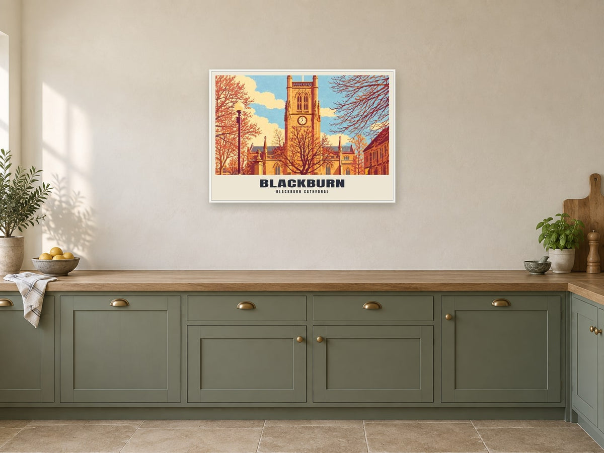 Blackburn Cathedral Poster at A1, in a white frame, in a kitchen