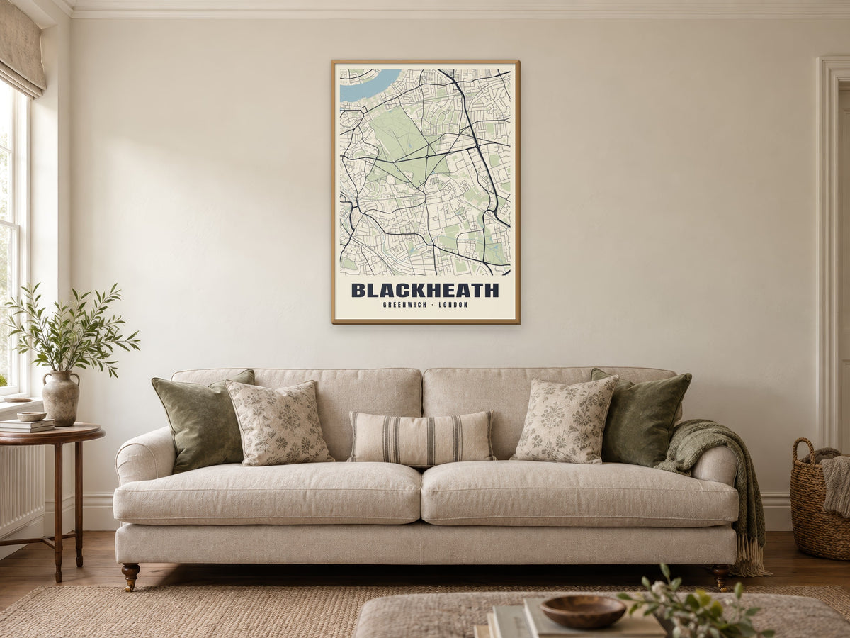 Blackheath Heritage Street Map Poster at A1, in a natural wood frame, in a sitting room