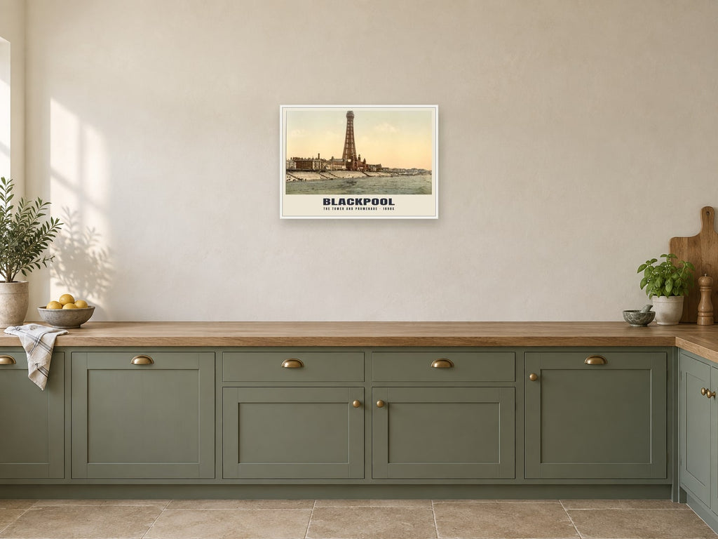 The Tower and Promenade, Blackpool, 1890s Heritage Print at A2, in a white frame, in a kitchen