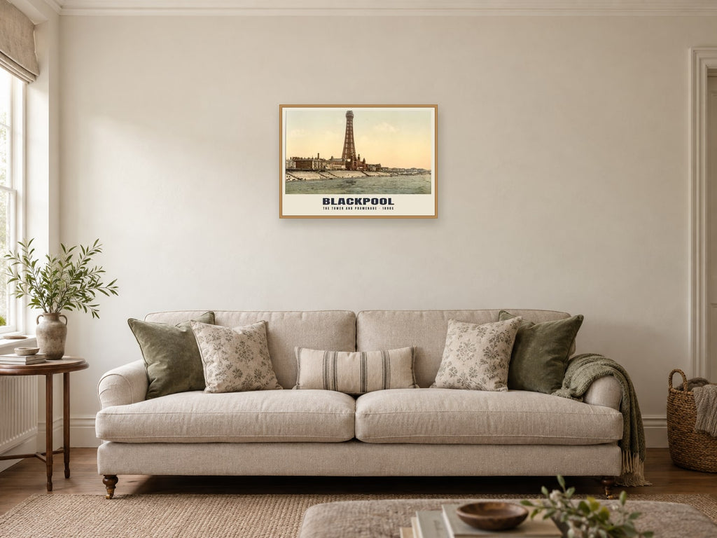 The Tower and Promenade, Blackpool, 1890s Heritage Print at A2, in a natural wood frame, in a sitting room