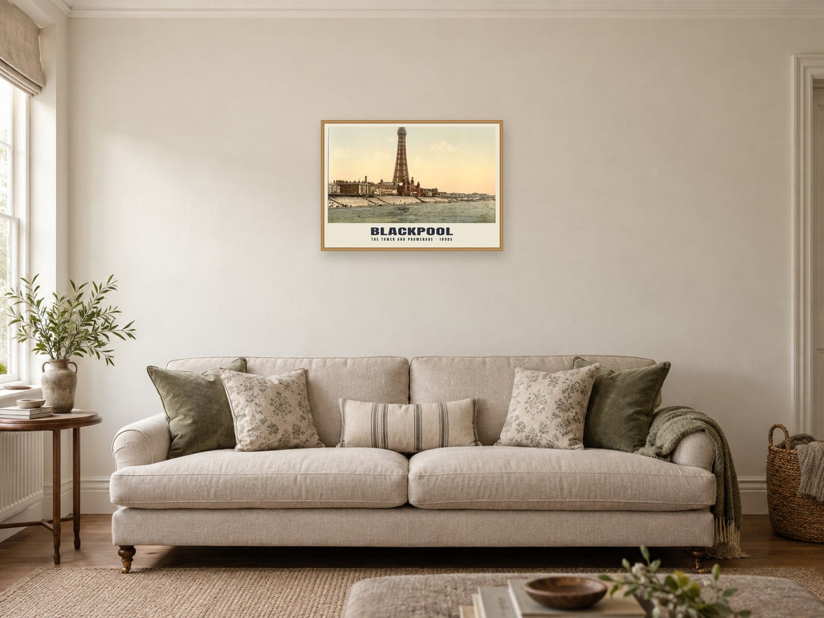 The Tower and Promenade, Blackpool, 1890s Heritage Print at A2, in a natural wood frame, in a sitting room