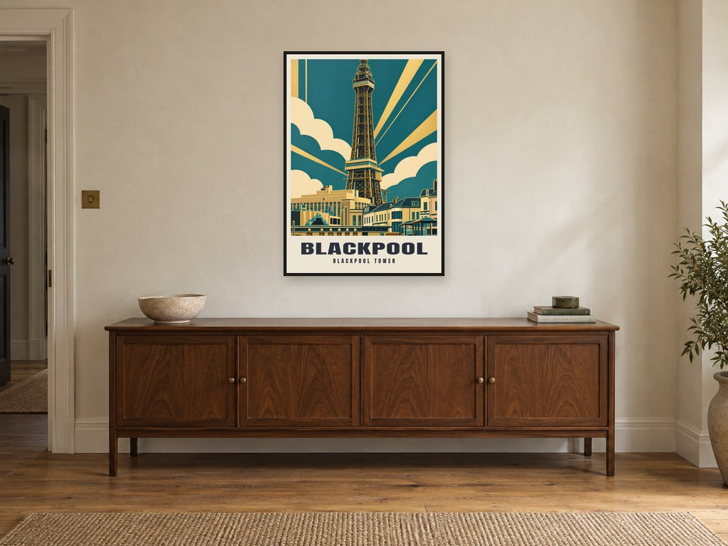 Blackpool Tower Poster at A1, in a black frame, above a sideboard