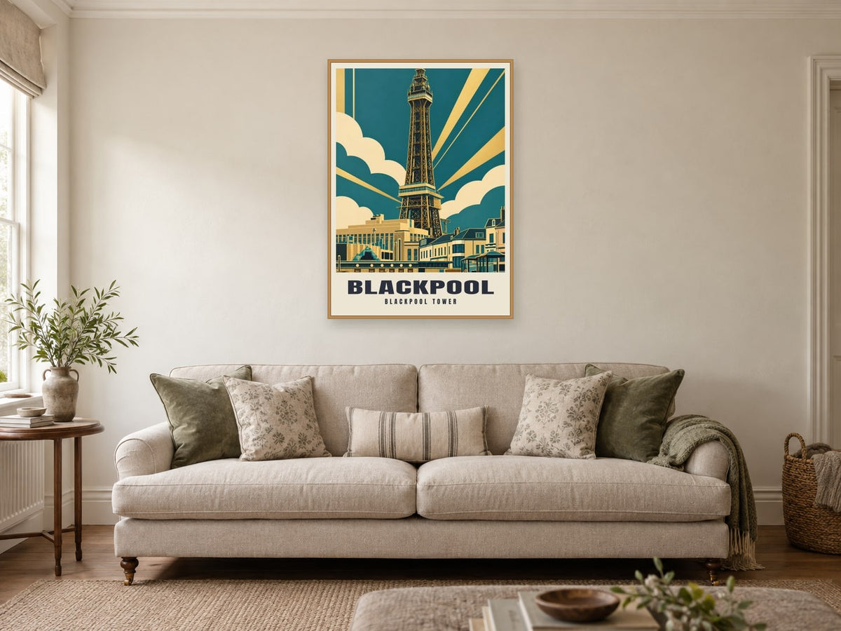 Blackpool Tower Poster at A1, in a natural wood frame, in a sitting room