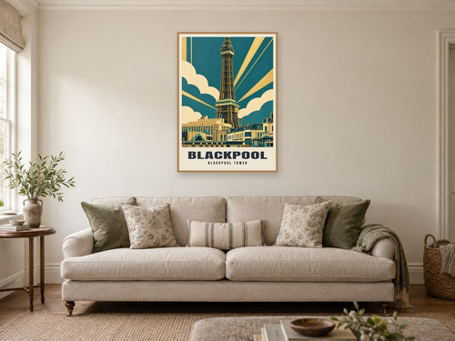 Blackpool Tower Poster at A1, in a natural wood frame, in a sitting room