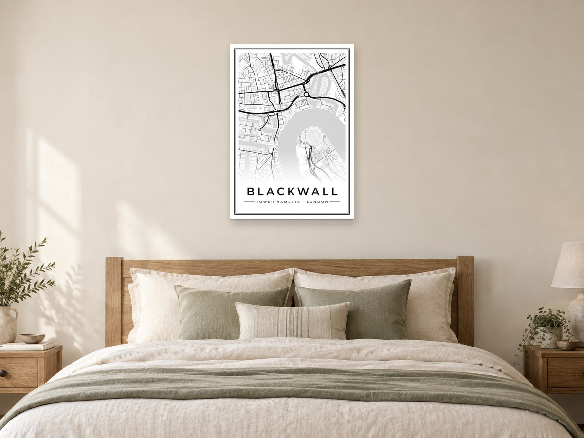 Blackwall Street Map Poster at A1, as a poster, above a bed