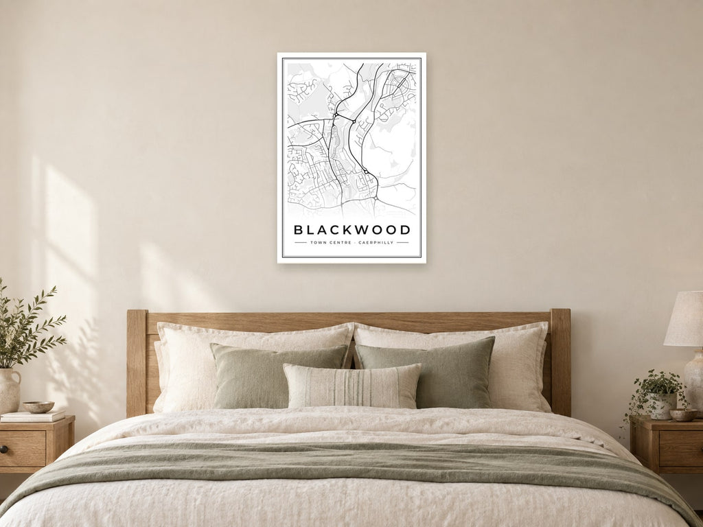 Blackwood Town Centre Street Map Poster at A1, as a poster, above a bed