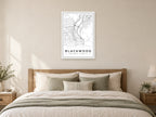 Blackwood Town Centre Street Map Poster at A1, as a poster, above a bed