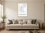 Blackwood Town Centre Street Map Poster at A1, in a natural wood frame, in a sitting room