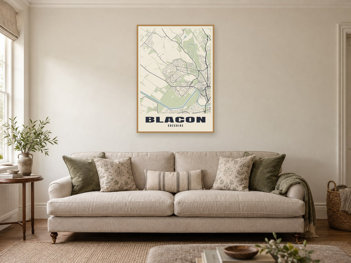 Blacon Street Map Poster at A1, in a natural wood frame, in a sitting room