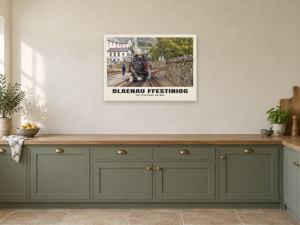 The Ffestiniog Railway, Blaenau Ffestiniog Poster at A1, in a white frame, in a kitchen