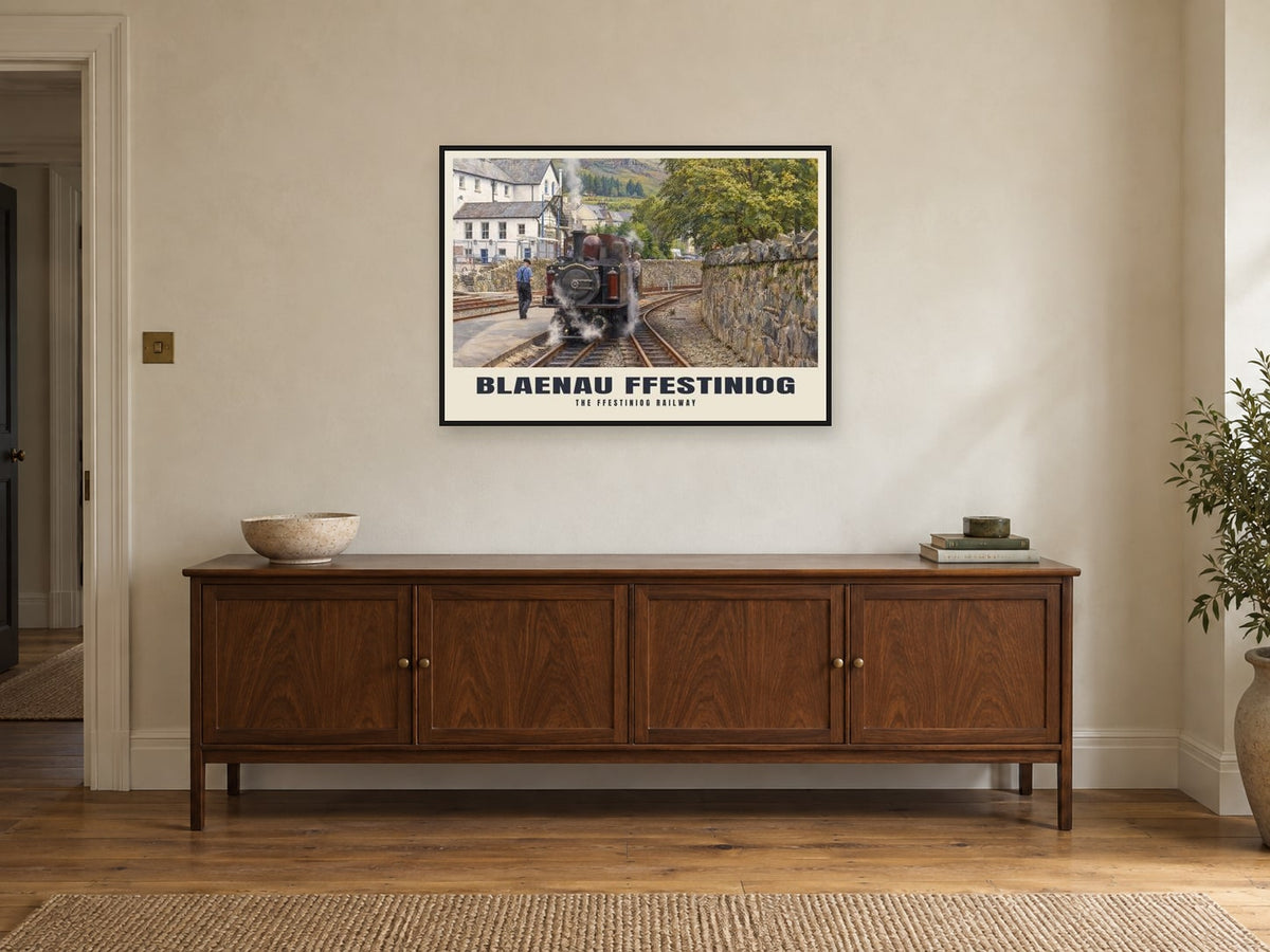 The Ffestiniog Railway, Blaenau Ffestiniog Poster at A1, in a black frame, above a sideboard