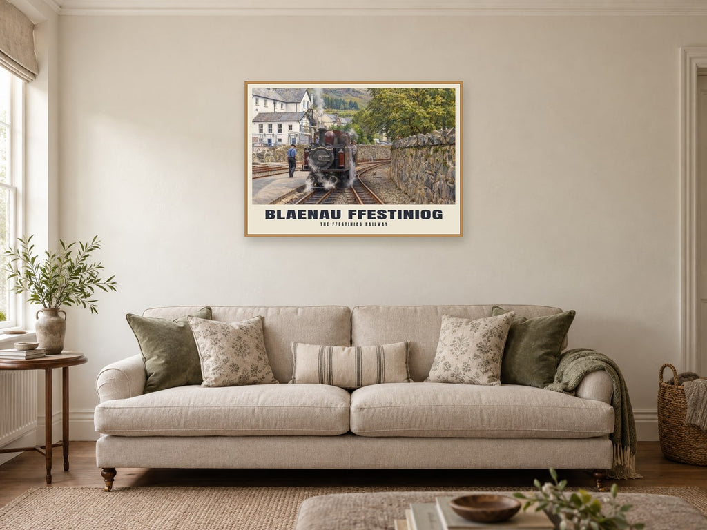 The Ffestiniog Railway, Blaenau Ffestiniog Poster at A1, in a natural wood frame, in a sitting room