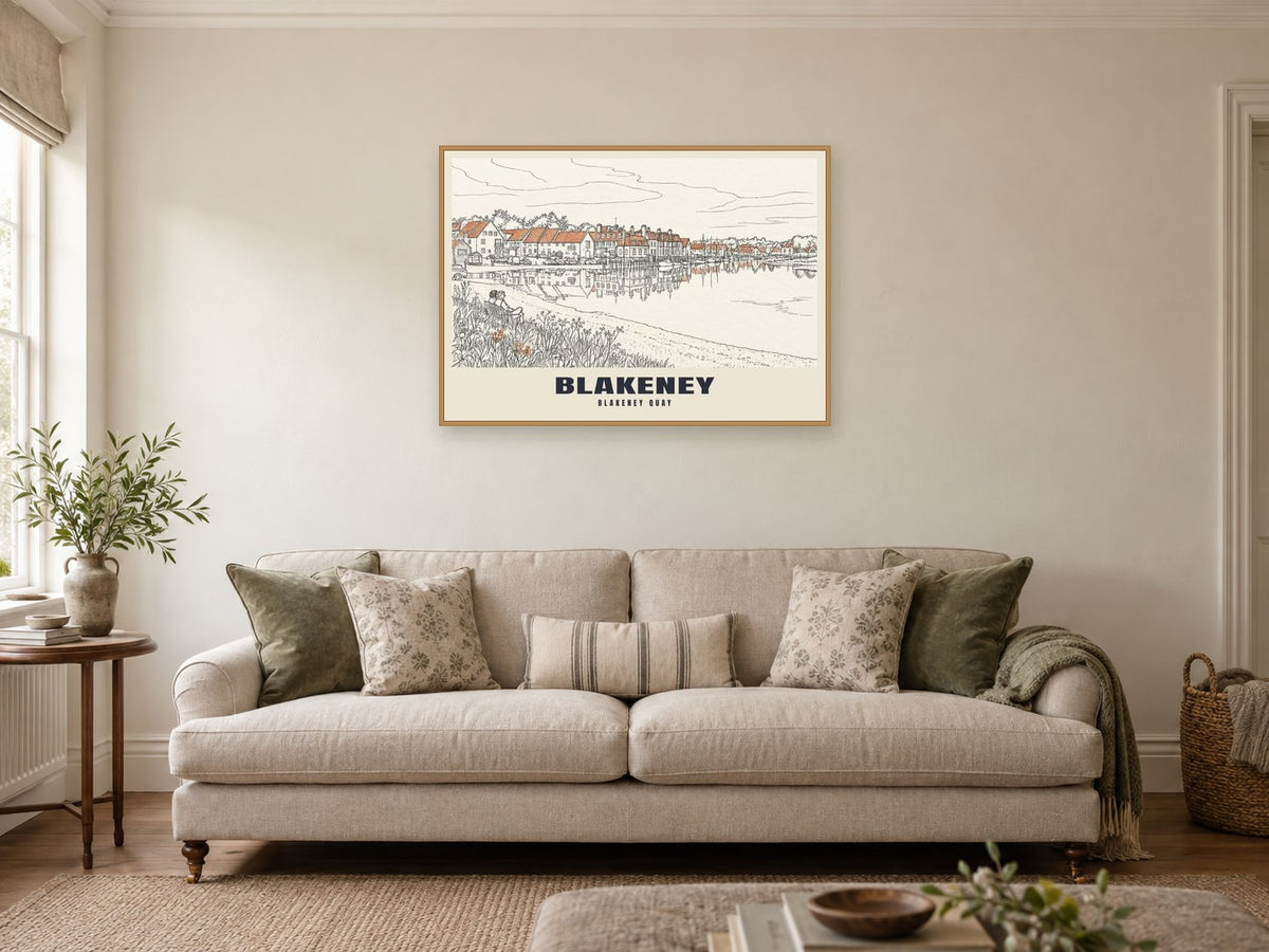 Blakeney Quay Poster at A1, in a natural wood frame, in a sitting room