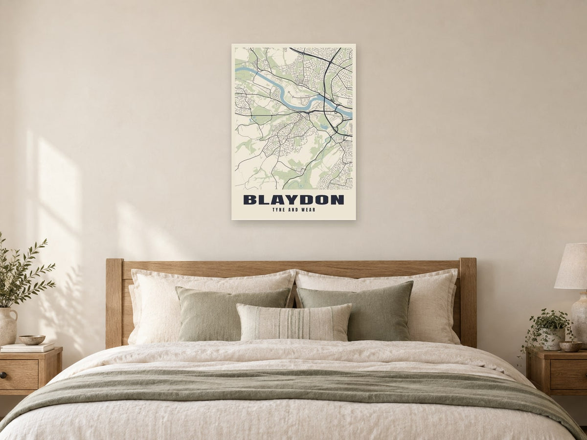 Blaydon Street Map Poster at A1, as a poster, above a bed