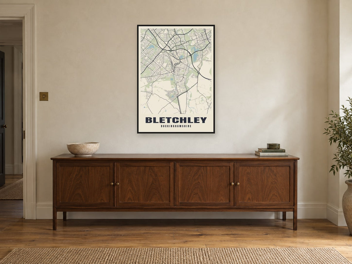 Bletchley Street Map Poster at A1, in a black frame, above a sideboard
