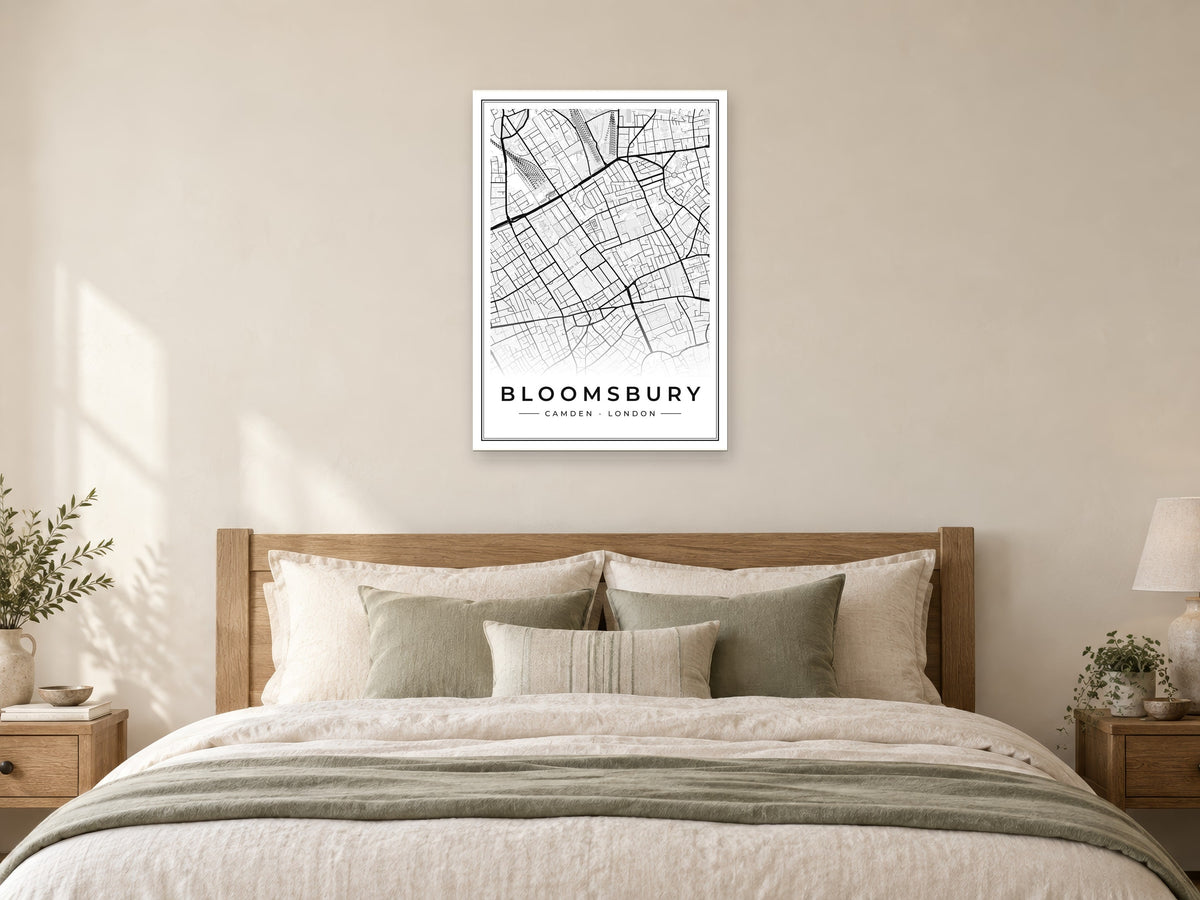 Bloomsbury Street Map Poster at A1, as a poster, above a bed