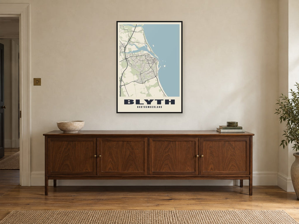 Blyth Street Map Poster at A1, in a black frame, above a sideboard