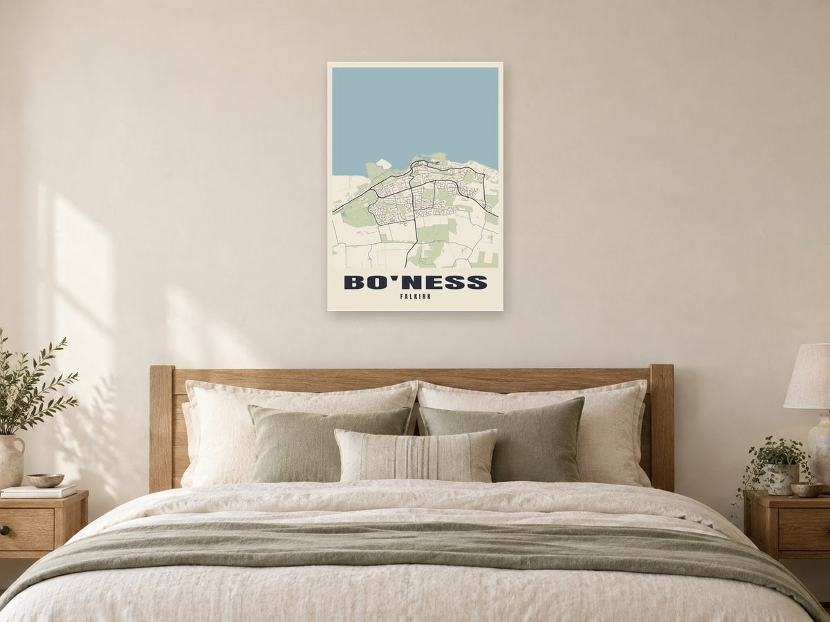 Bo'ness Street Map Poster at A1, as a poster, above a bed