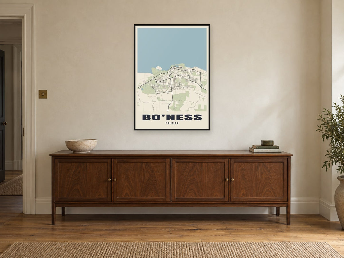 Bo'ness Street Map Poster at A1, in a black frame, above a sideboard