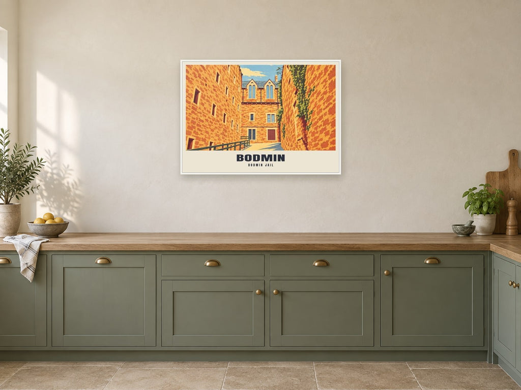 Bodmin Jail Poster at A1, in a white frame, in a kitchen
