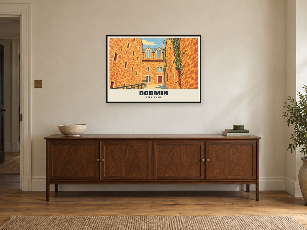 Bodmin Jail Poster at A1, in a black frame, above a sideboard