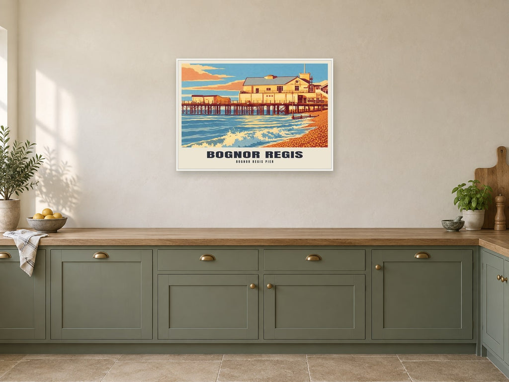 Bognor Regis Pier Poster at A1, in a white frame, in a kitchen