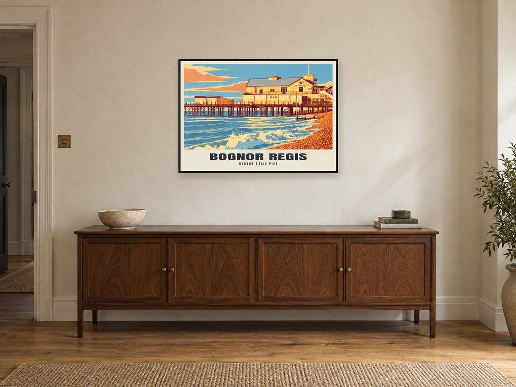 Bognor Regis Pier Poster at A1, in a black frame, above a sideboard