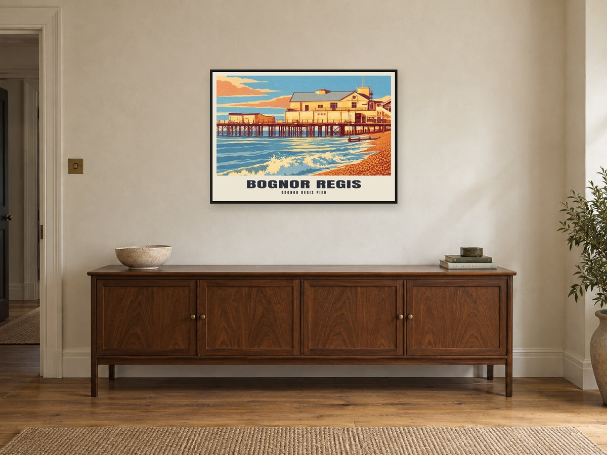 Bognor Regis Pier Poster at A1, in a black frame, above a sideboard