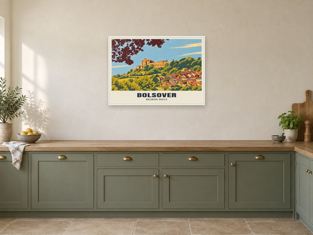 Bolsover Castle Poster at A1, in a white frame, in a kitchen