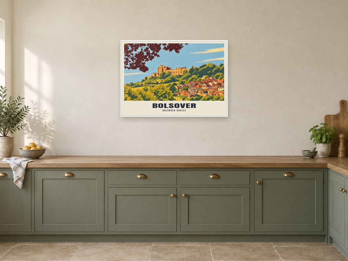 Bolsover Castle Poster at A1, in a white frame, in a kitchen