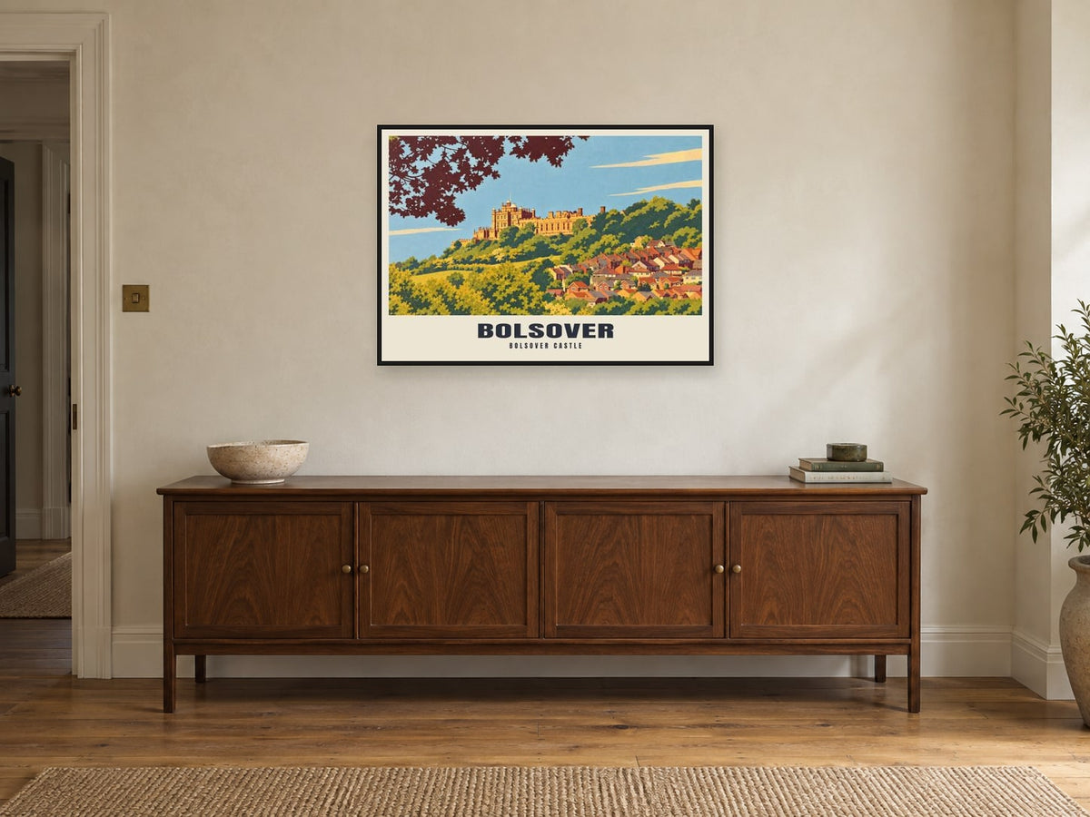 Bolsover Castle Poster at A1, in a black frame, above a sideboard