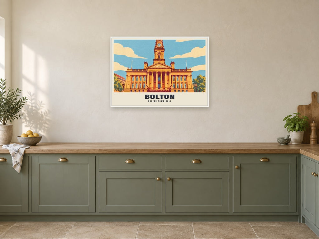 Bolton Town Hall Poster at A1, in a white frame, in a kitchen