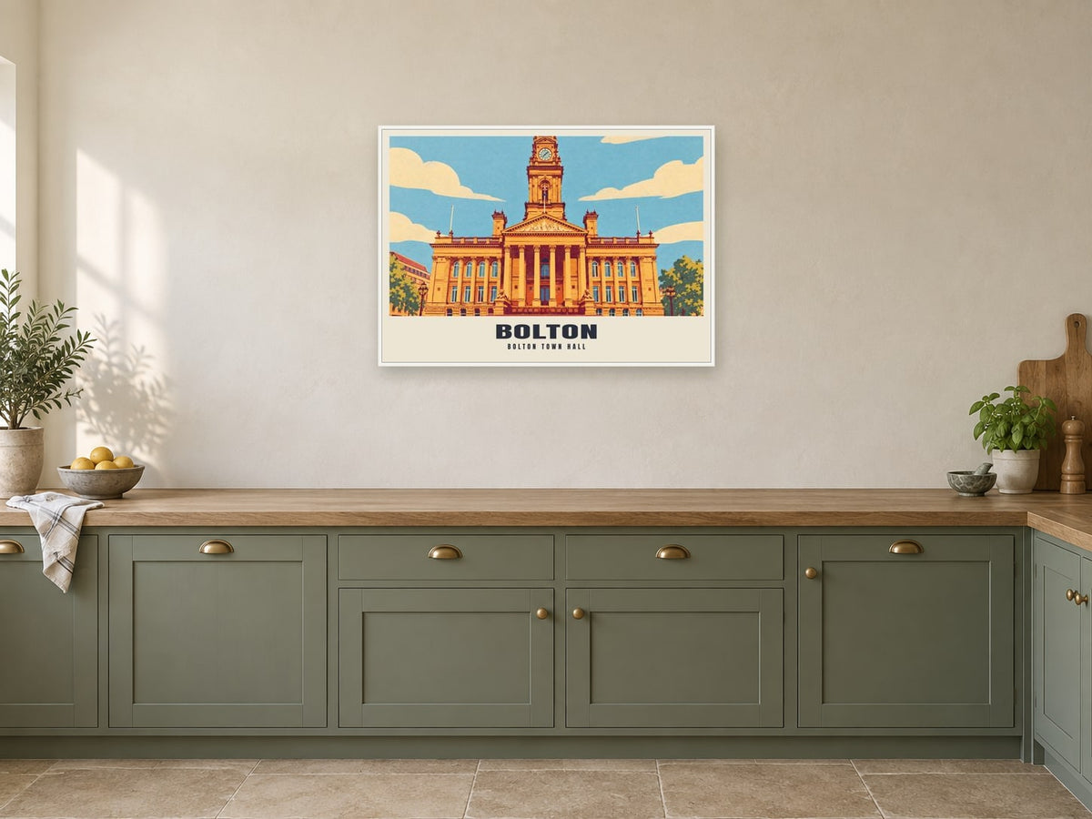 Bolton Town Hall Poster at A1, in a white frame, in a kitchen