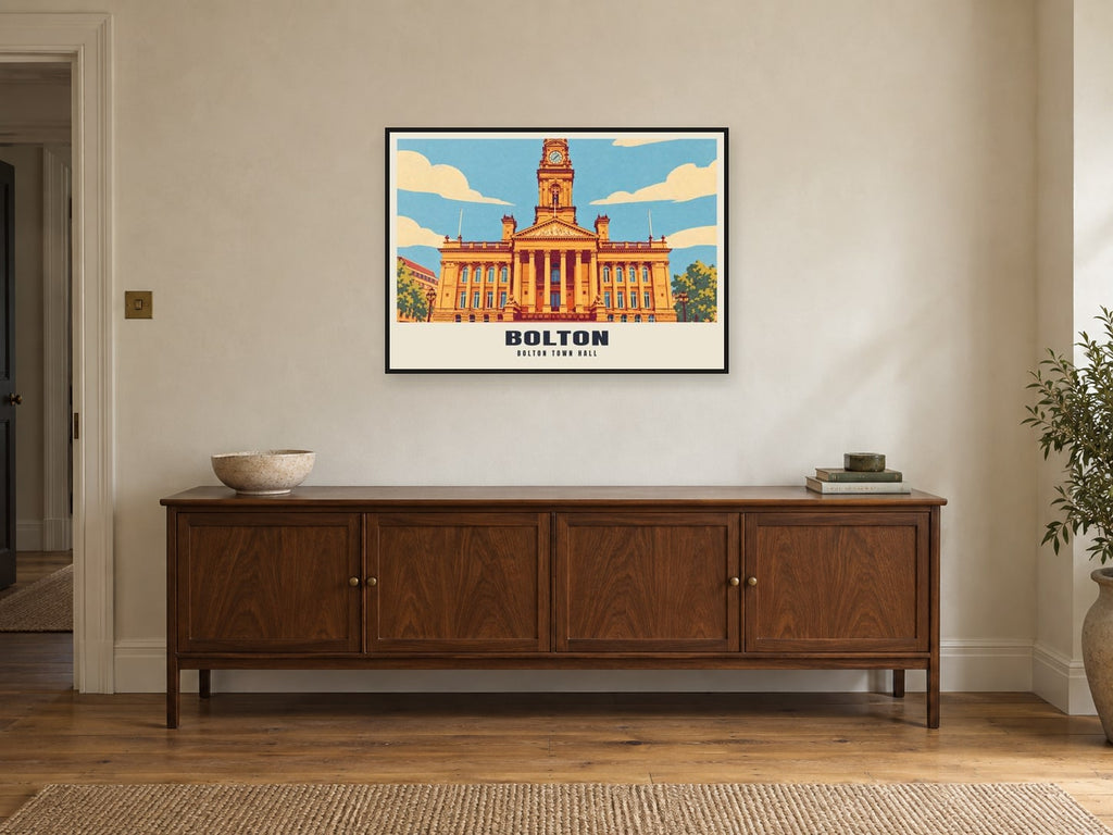 Bolton Town Hall Poster at A1, in a black frame, above a sideboard