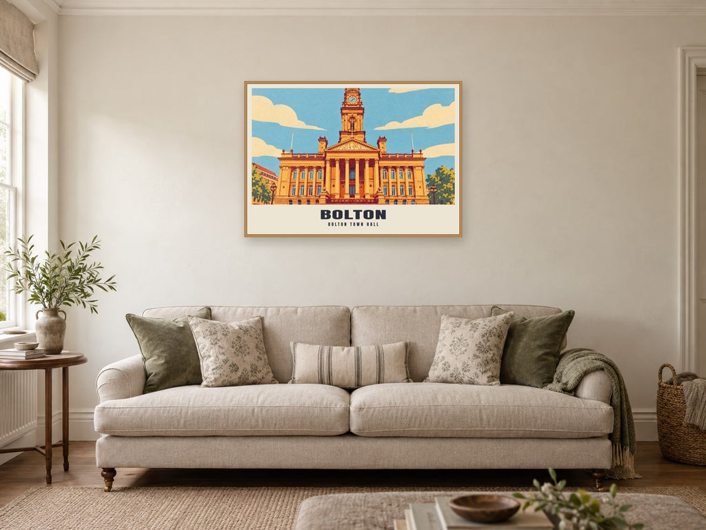 Bolton Town Hall Poster at A1, in a natural wood frame, in a sitting room