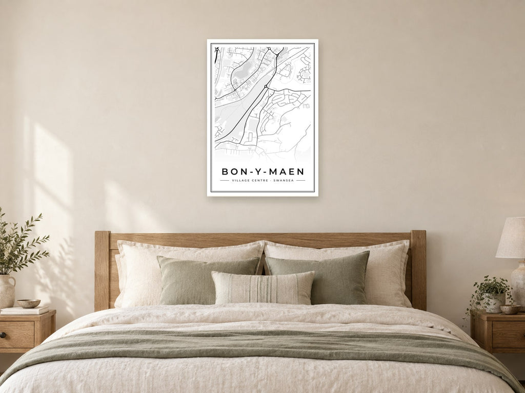 Bon-y-maen Village Centre Street Map Poster at A1, as a poster, above a bed