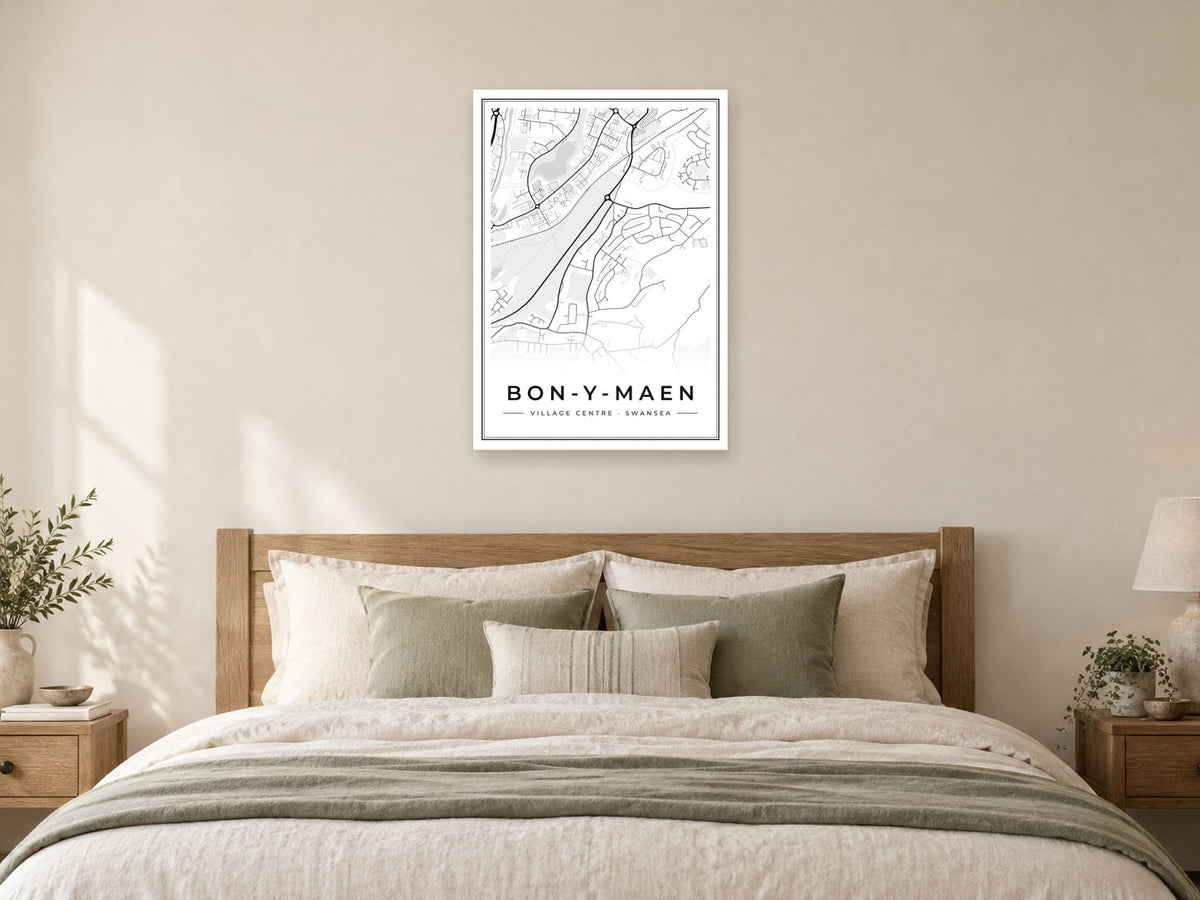Bon-y-maen Village Centre Street Map Poster at A1, as a poster, above a bed