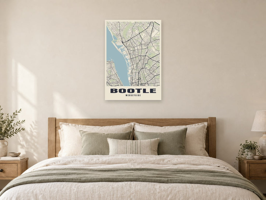 Bootle Street Map Poster at A1, as a poster, above a bed