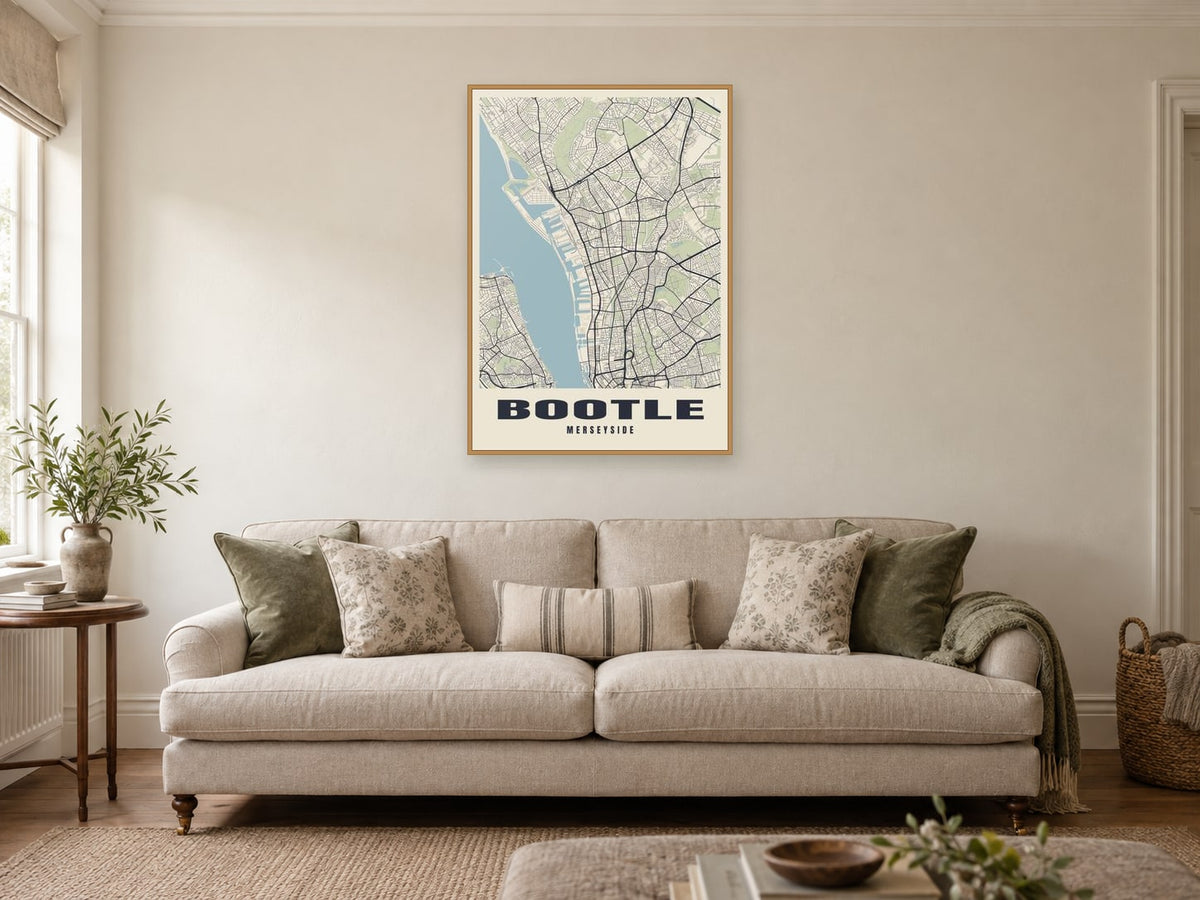 Bootle Street Map Poster at A1, in a natural wood frame, in a sitting room