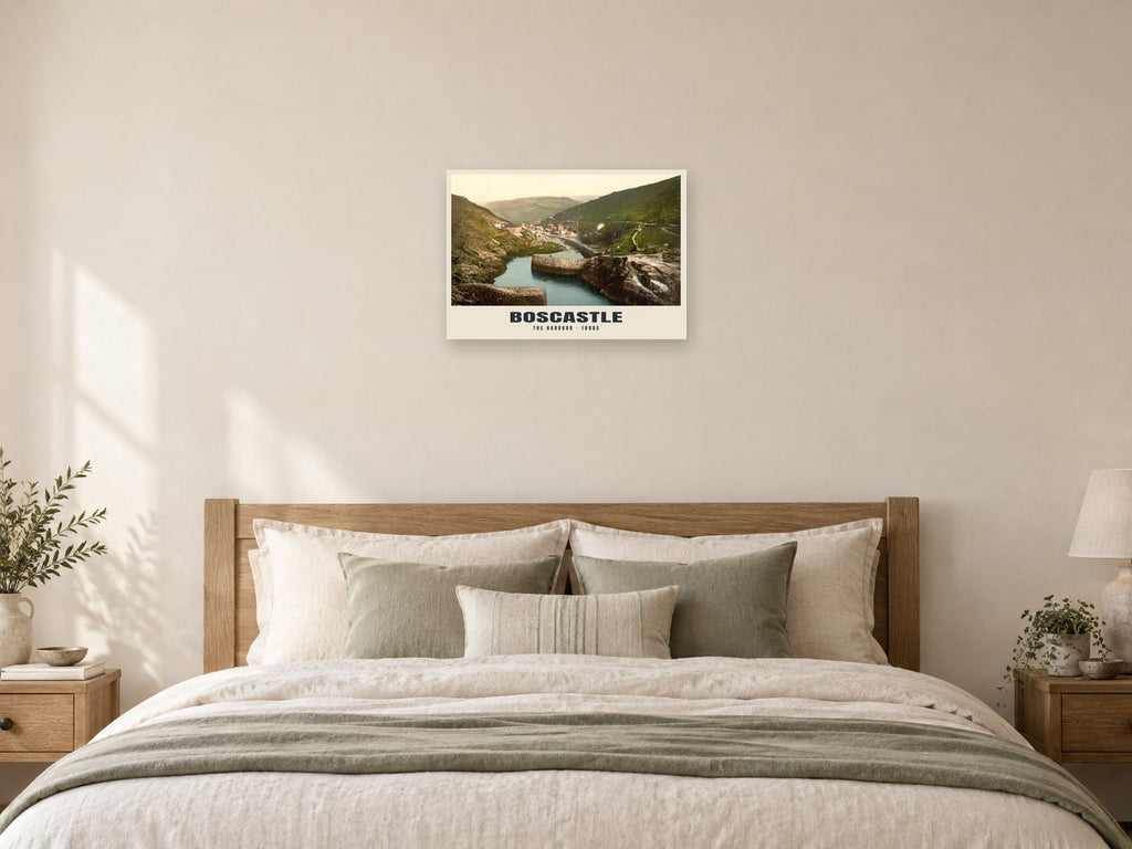 The Harbour, Boscastle, 1890s Heritage Print at A2, as a poster, above a bed