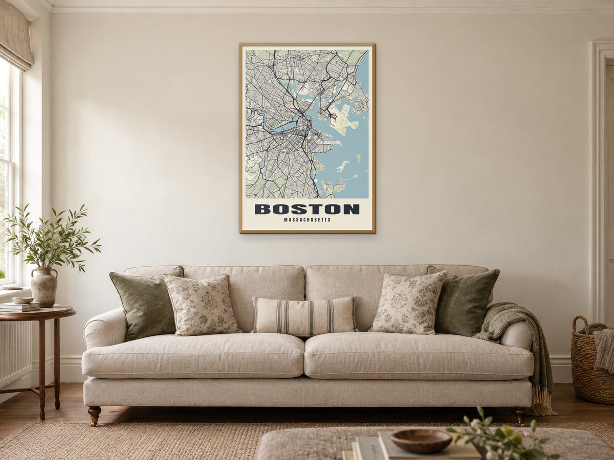 Boston Street Map Poster at A1, in a natural wood frame, in a sitting room