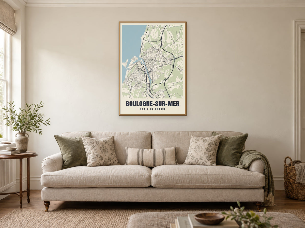 Boulogne-sur-Mer Street Map Poster at A1, in a natural wood frame, in a sitting room