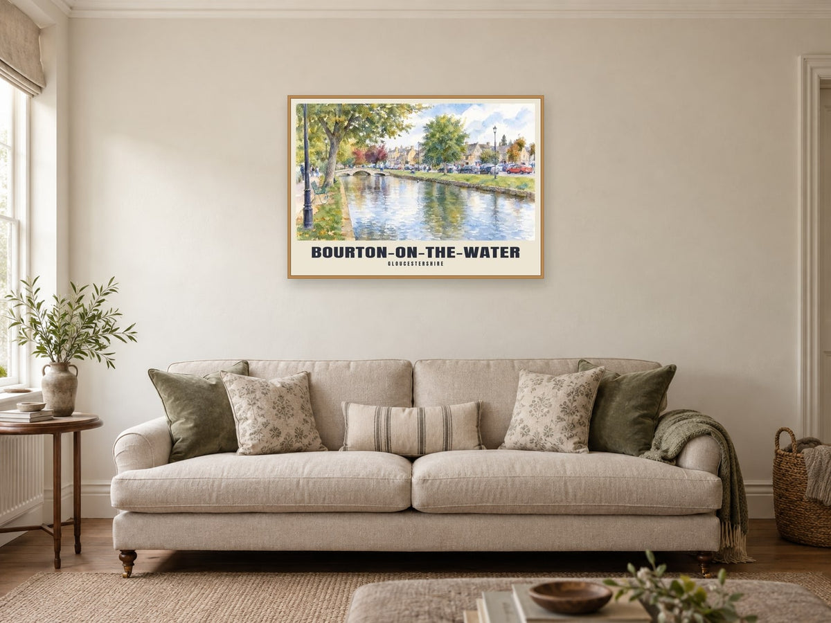 Bourton-on-the-Water Poster at A1, in a natural wood frame, in a sitting room